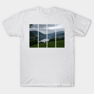 Wonderful landscapes in Norway. Vestland. Beautiful scenery of Vangsvatnet lake from the village of Bulken. Mountains, trees in background. Rainy day T-Shirt